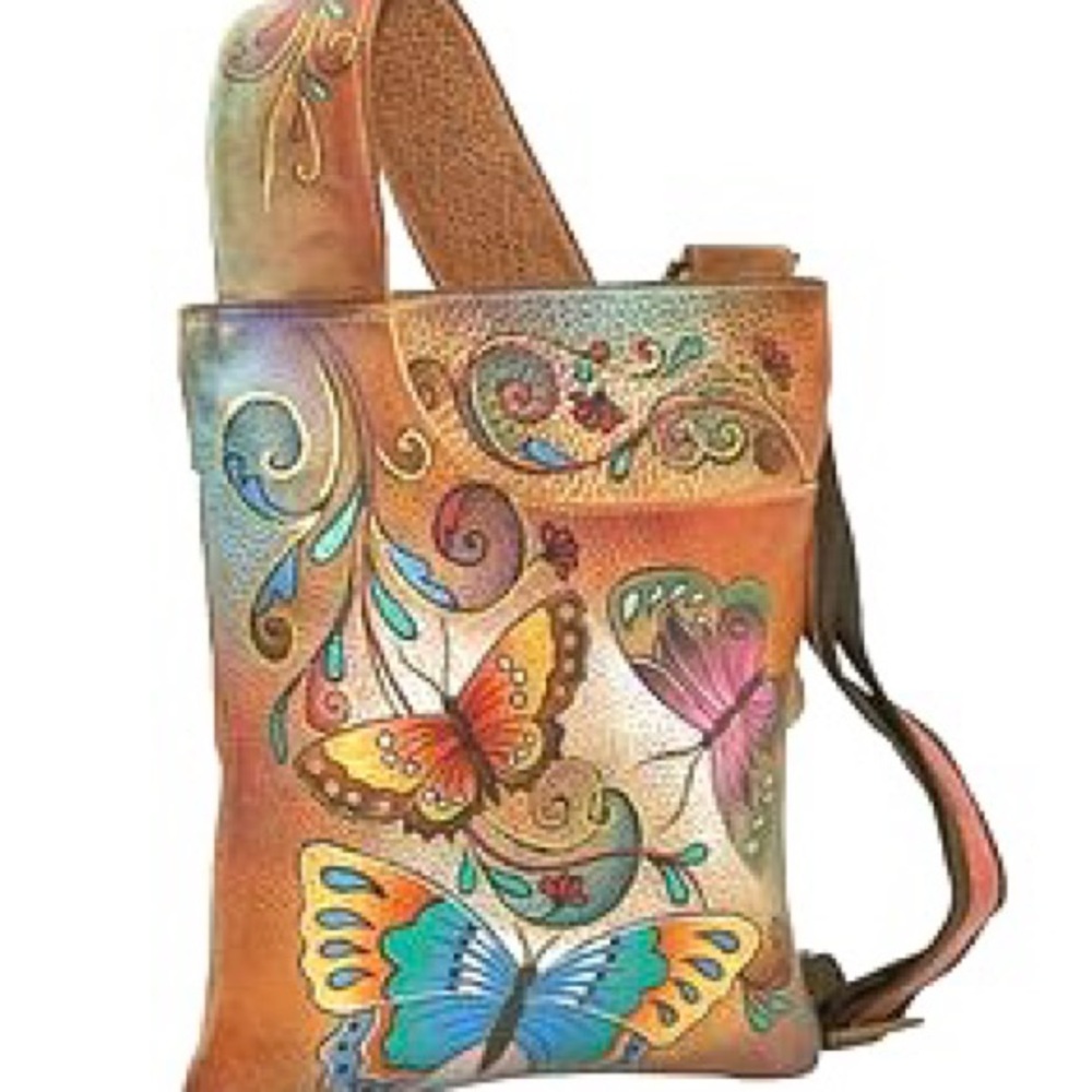 Butterfly bag hand painted Anuschka purse bohemian travel messenger bag